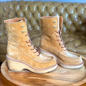 Rag & Bone Scout Suede Lace Up Moc Toe Wedge Combat Boot Bourbon Suede 40 $595